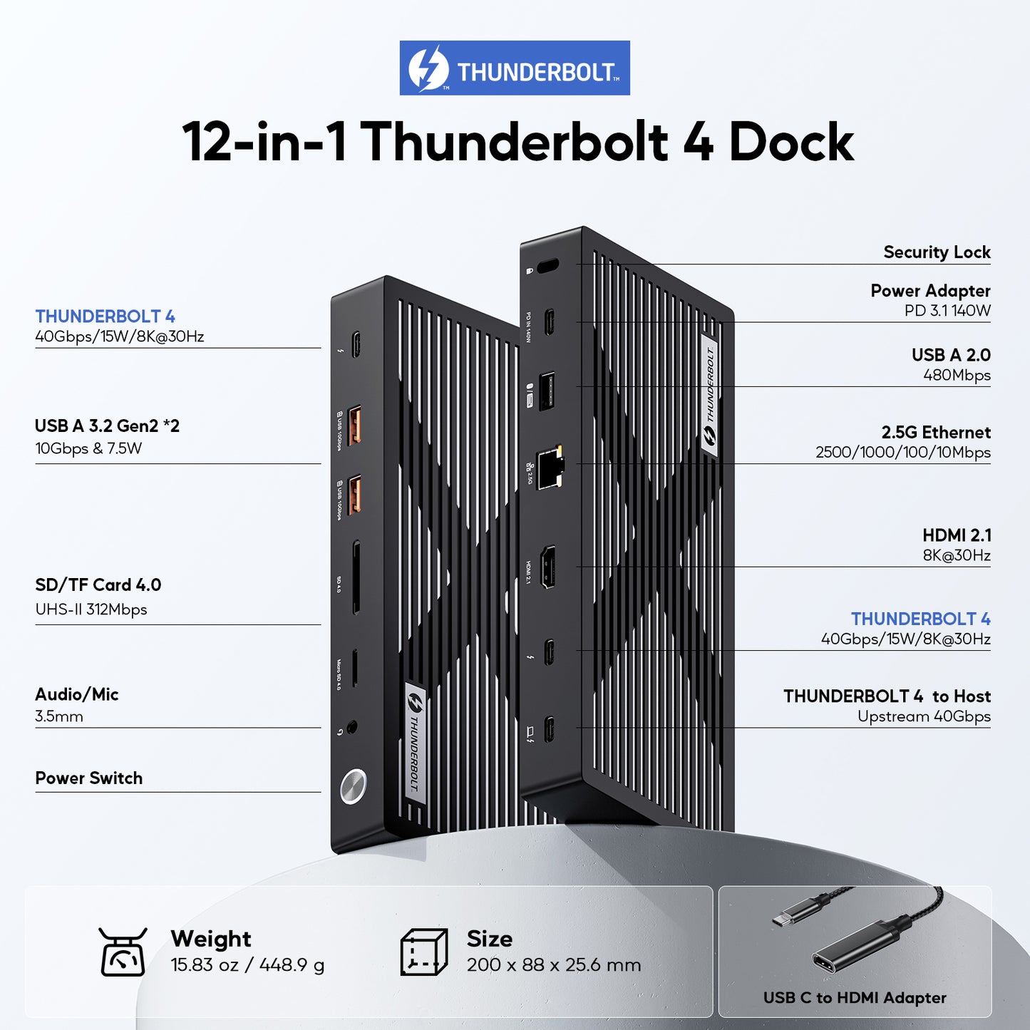 Broway 12-in-1 Thunderbolt 4 PD3.1 Dock with GaN PD 140W adapter
