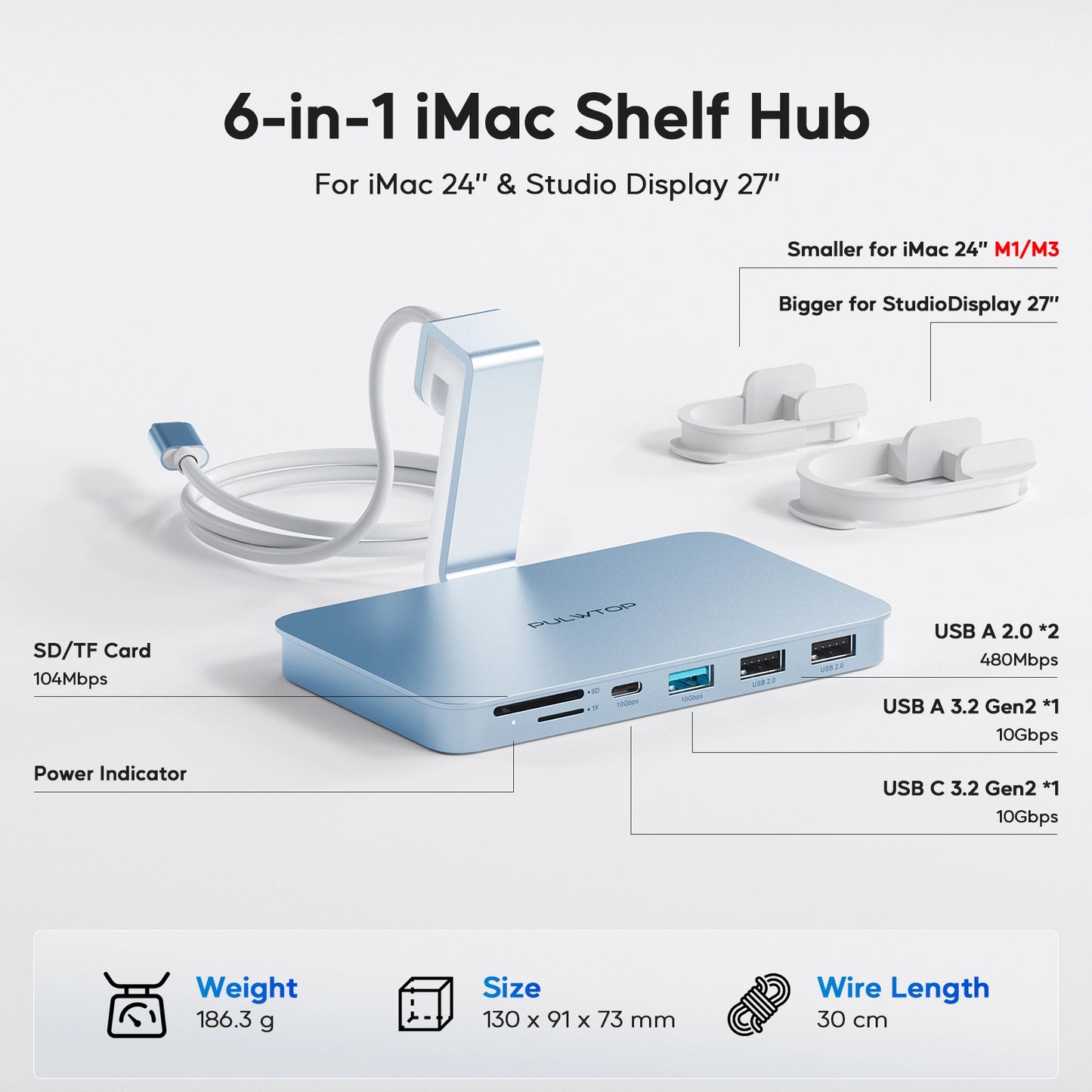 Broway 6-in-1 USB C Hub for iMac 24 inch 2021 M1/2023 M3 and StudioDisplay 27 inch