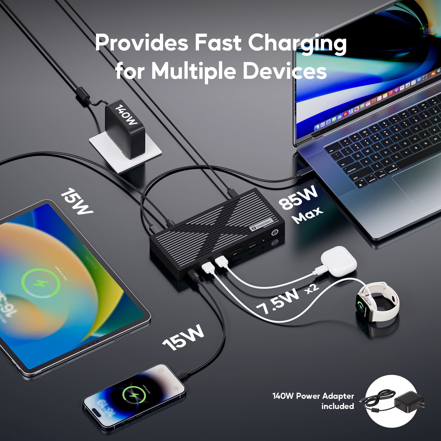 Broway 12-in-1 Thunderbolt 4 PD3.1 Dock with GaN PD 140W adapter