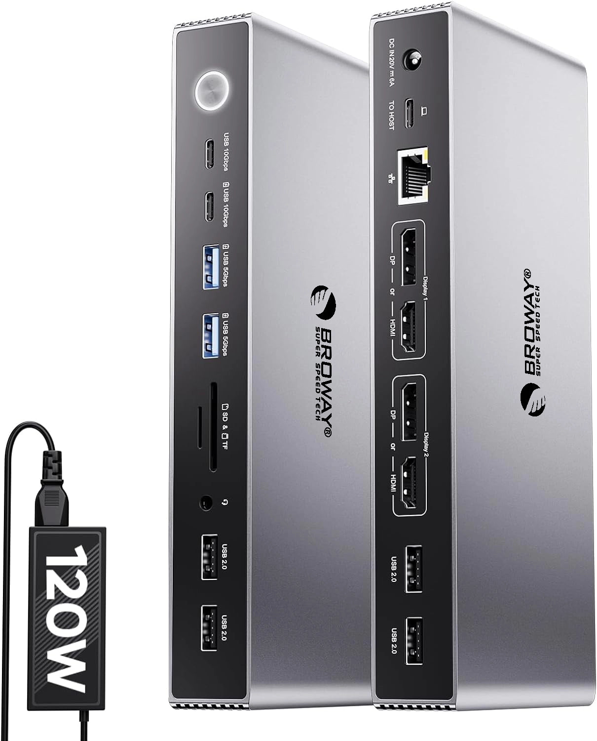 Broway 19-in-1 USB C DisplayLink Docking Station with GaN PD 120W adapter