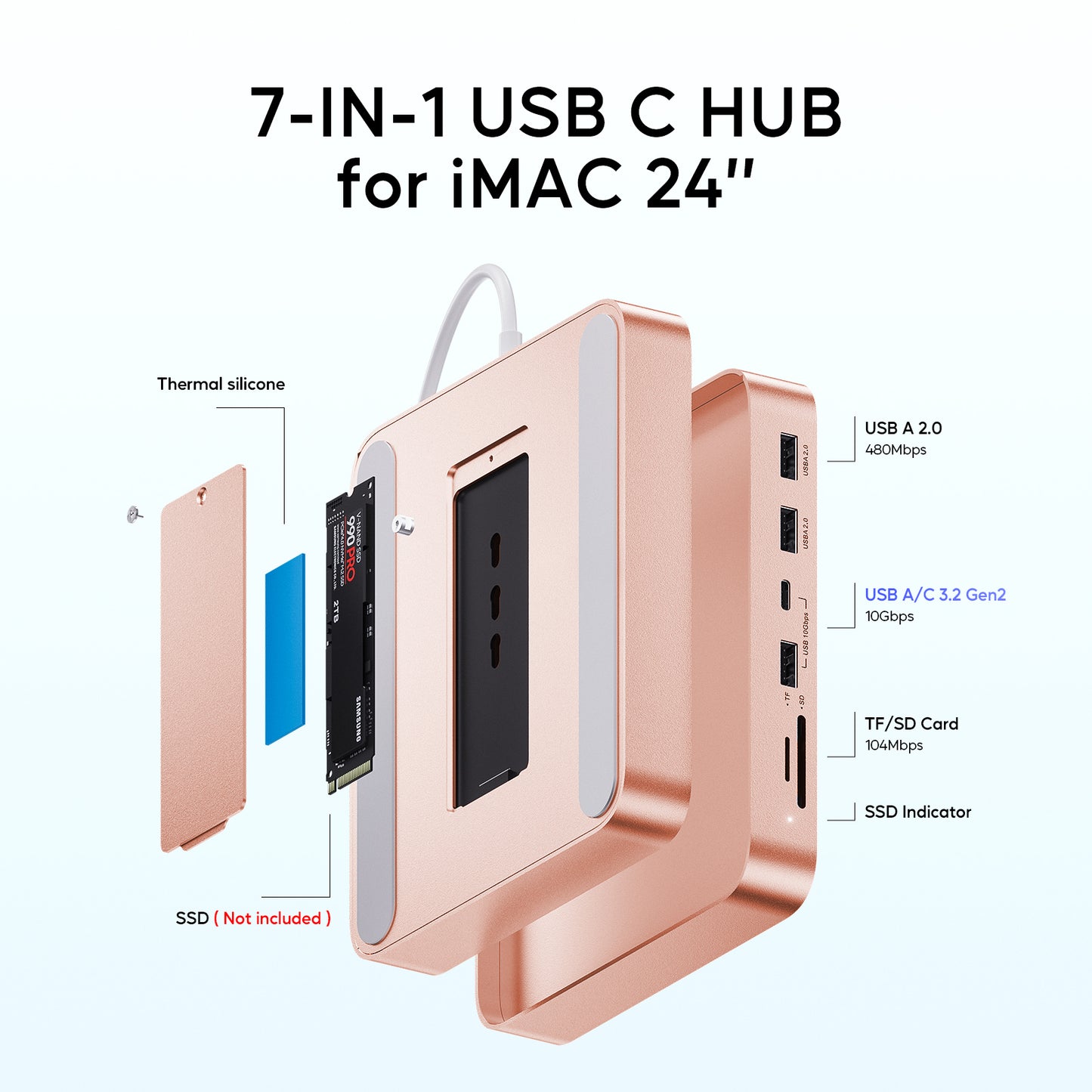 Broway 7 in 1 USB Hub Adapter iMac Accessories with USB C/A SD/TF-Orange