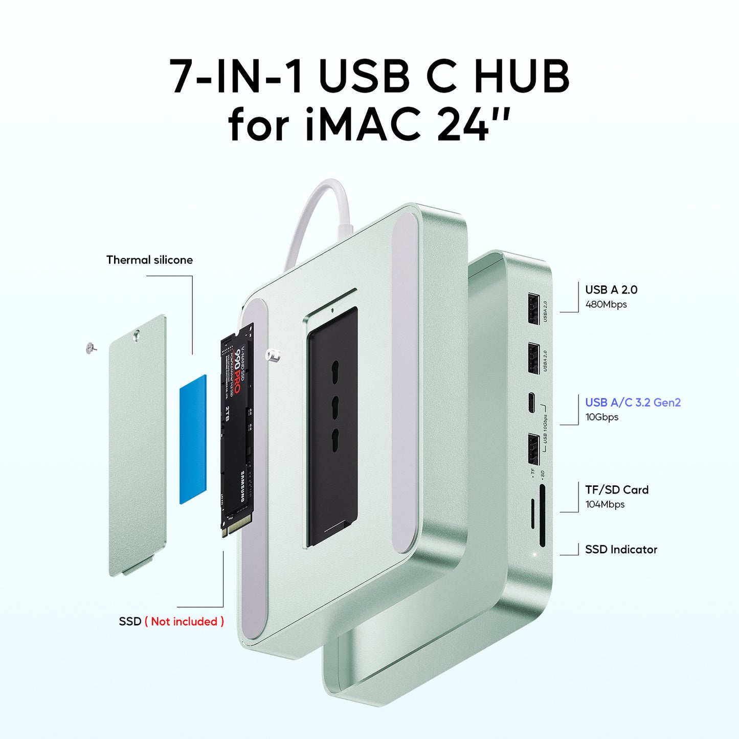 Broway 7 in 1 USB Hub Adapter iMac Accessories with USB C/A SD/TF-Green
