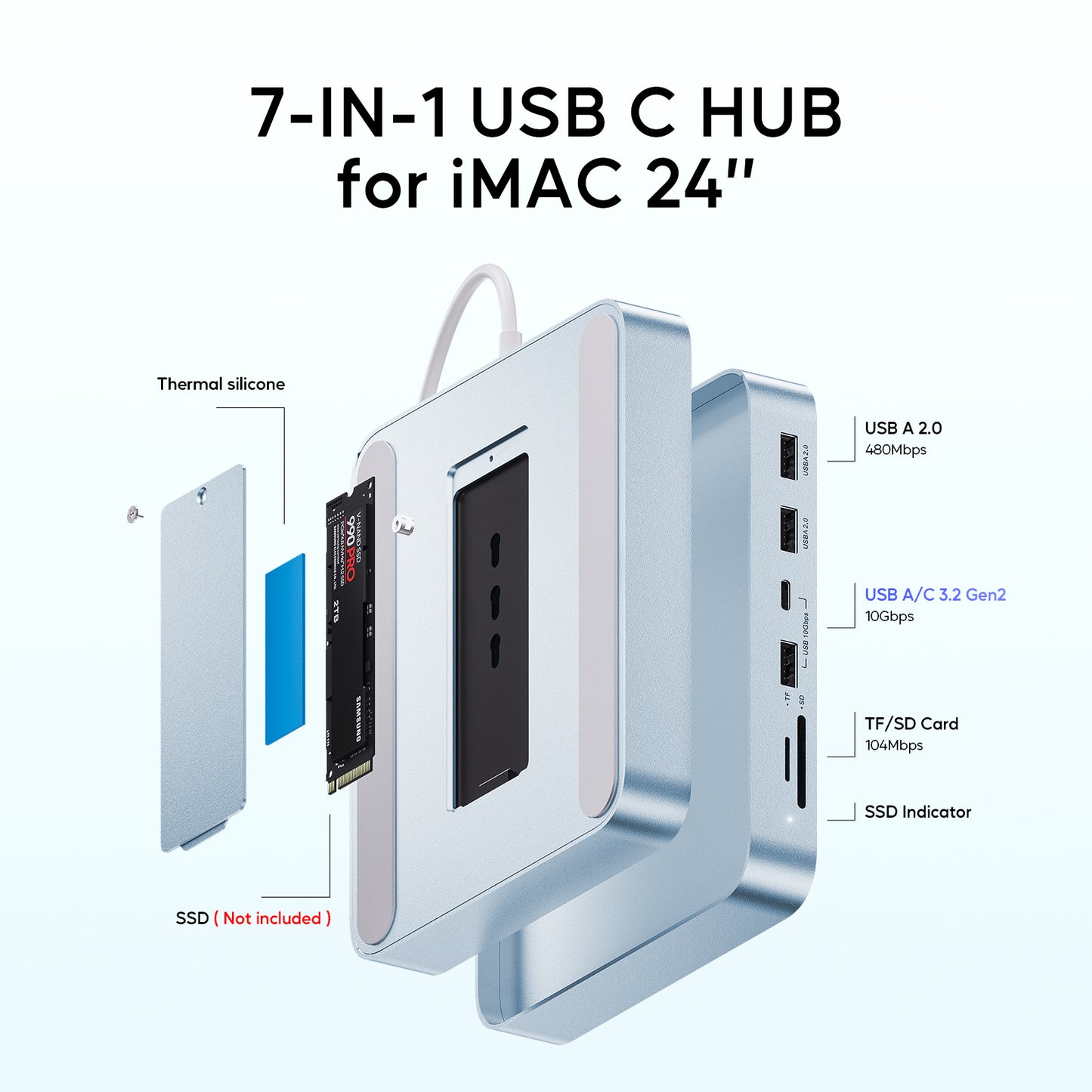 Broway 7 in 1 USB Hub Adapter iMac Accessories with USB C/A SD/TF-Blue