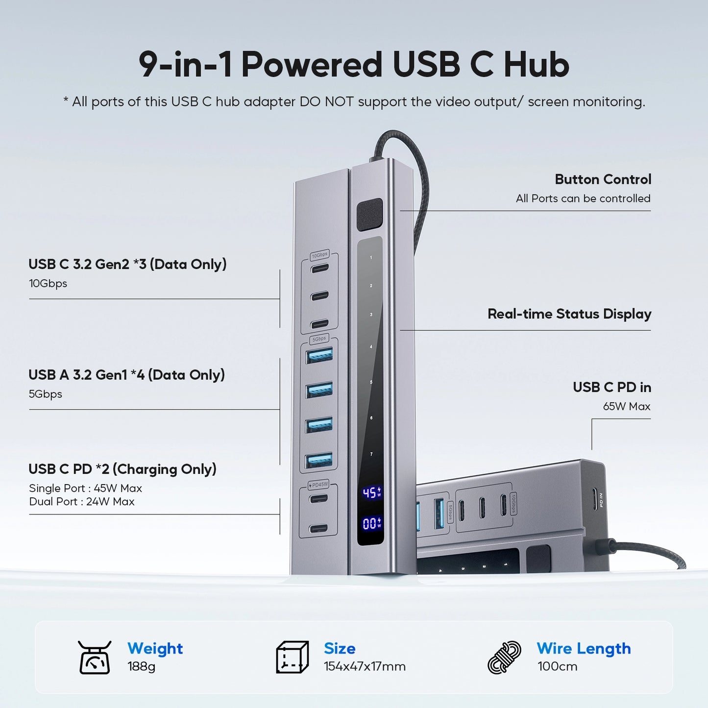 Broway 9-in-1 Powered USB C Hub with 65W PD-in Power