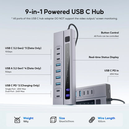 Broway 9-in-1 Powered USB C Hub with 65W PD-in Power