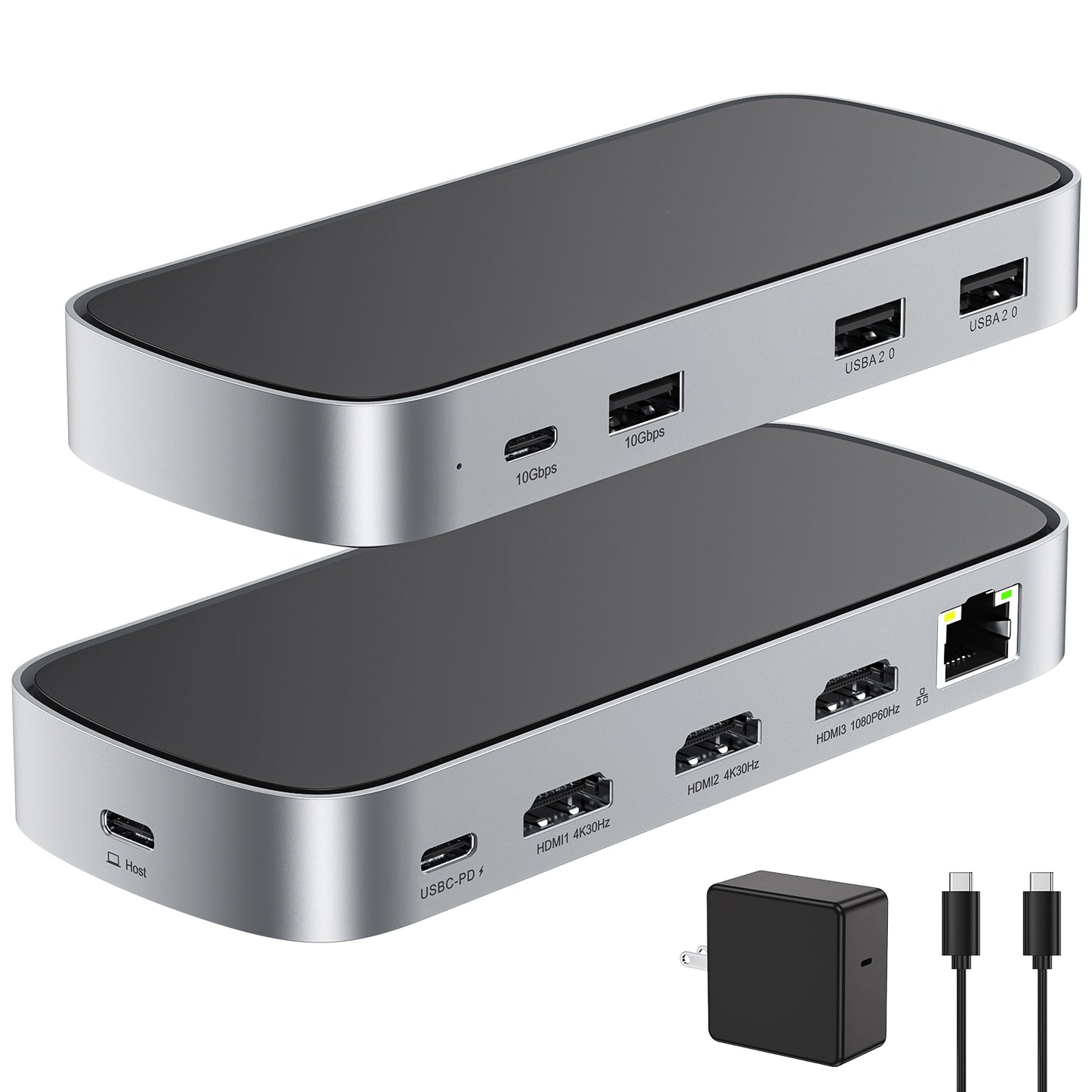 Broway 10-in-1 3 HDMI Triple USB C Docking Station with GaN PD 65W adapter