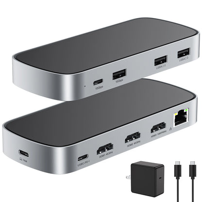 Broway 10-in-1 3 HDMI Triple USB C Docking Station with GaN PD 65W adapter