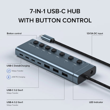 Broway 7-in-1 Powered USB Hub- 3 USB A 3.0 Data Ports and 4 USB C Data PD20W  with GaN PD 36W adapter