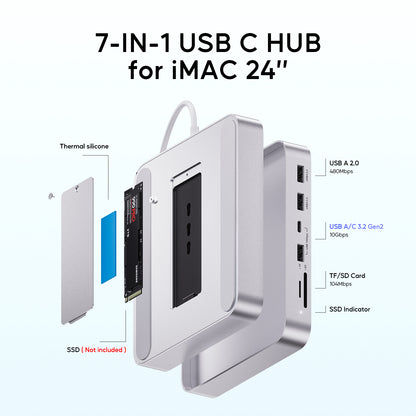 Broway 7 in 1 USB Hub Adapter iMac Accessories with USB C/A SD/TF-Sliver