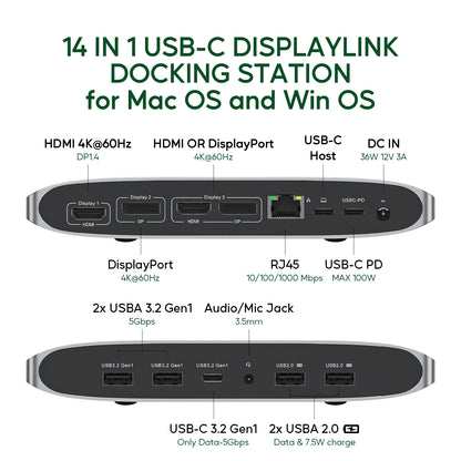 Broway 14-in-1 Displaylink Docking Station  with GaN PD 36W adapter