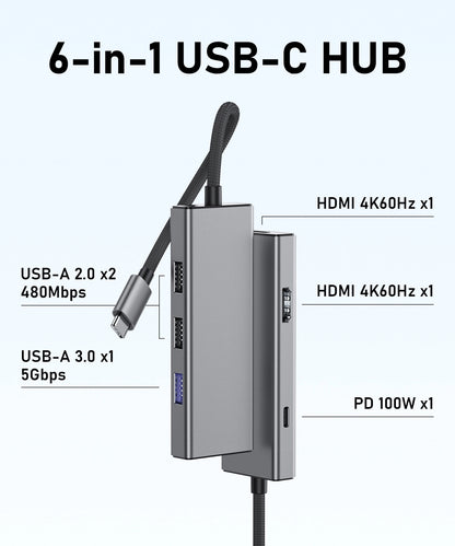 Broway 6 in 1 USB C HUB Multiport Adapter Dock for Laptop MacBook Air iPad Pro XPS