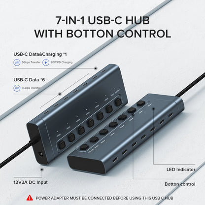 Broway 7-in-1 Powered USB Hub - USB C 3.2 Gen1 HUB with Last Port PD20W Output Charging with GaN PD 36W adapter