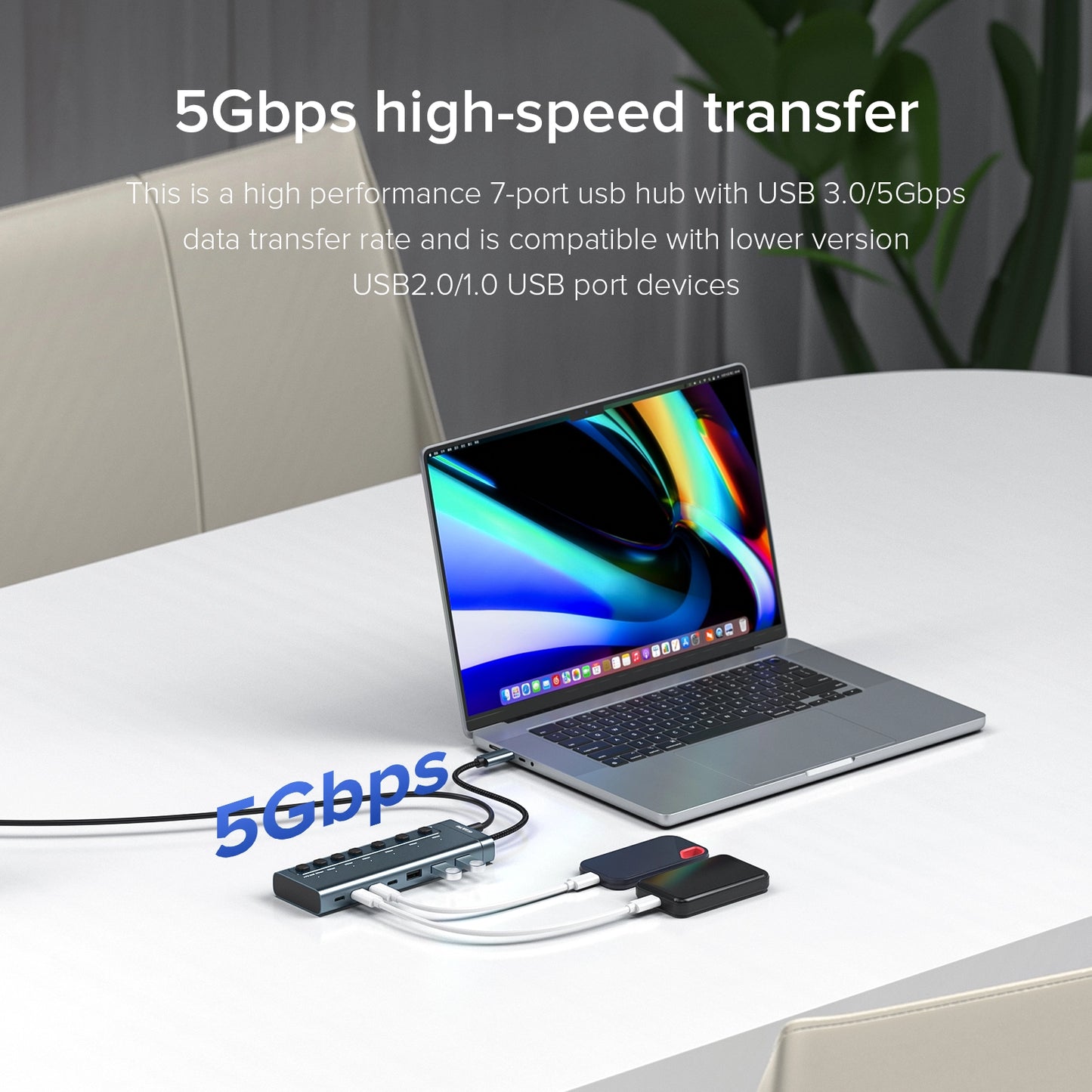 Broway 7-in-1 Powered USB Hub- 3 USB A 3.0 Data Ports and 4 USB C Data PD20W  with GaN PD 36W adapter