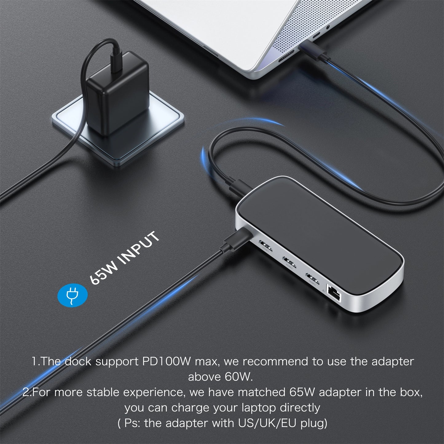 Broway 10-in-1 3 HDMI Triple USB C Docking Station with GaN PD 65W adapter