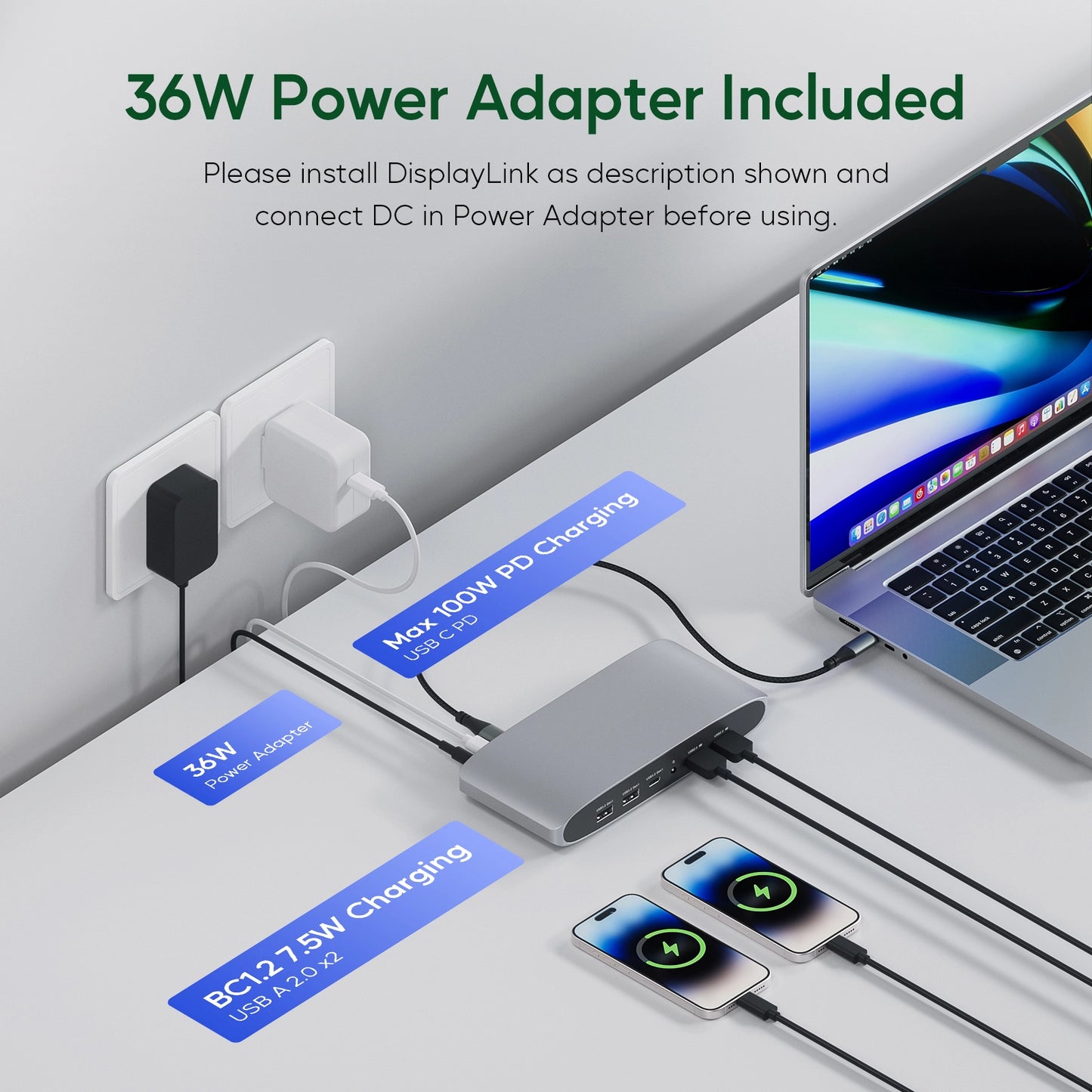 Broway 14-in-1 Displaylink Docking Station  with GaN PD 36W adapter