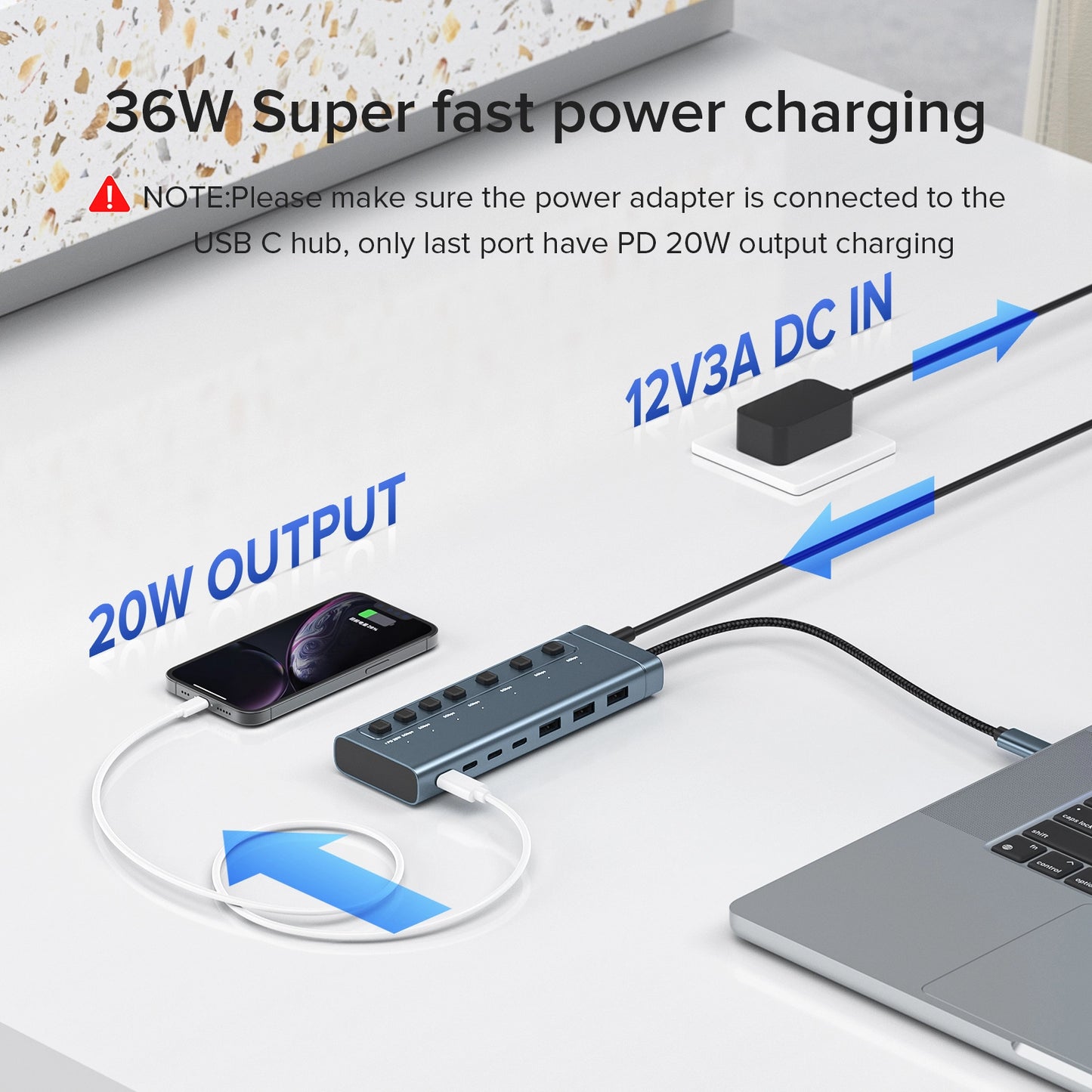 Broway 7-in-1 Powered USB Hub- 3 USB A 3.0 Data Ports and 4 USB C Data PD20W  with GaN PD 36W adapter