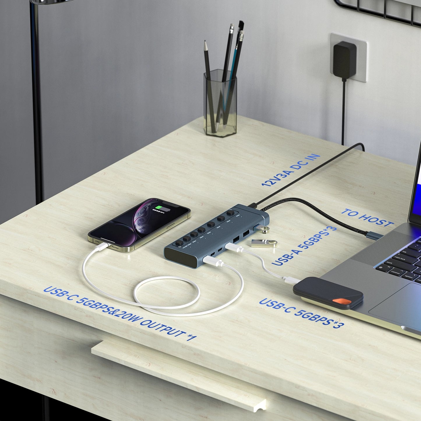 Broway 7-in-1 Powered USB Hub- 3 USB A 3.0 Data Ports and 4 USB C Data PD20W  with GaN PD 36W adapter
