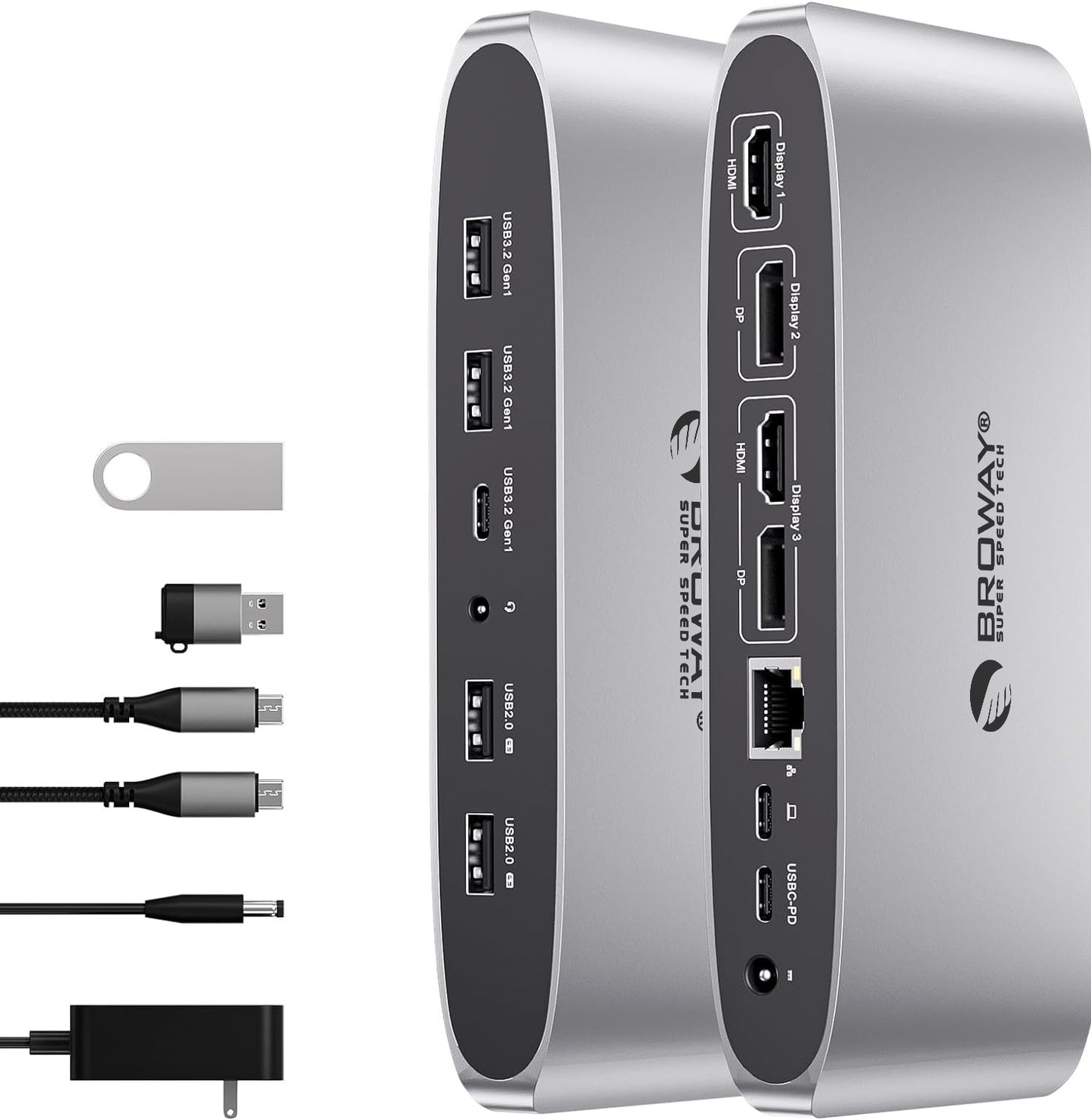Broway 14-in-1 Displaylink Docking Station  with GaN PD 36W adapter